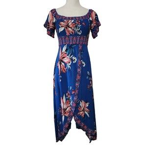 Jealous Tomato Women Blue Floral Smocked Off Shoulder Hi Low Front Slit Dress XS